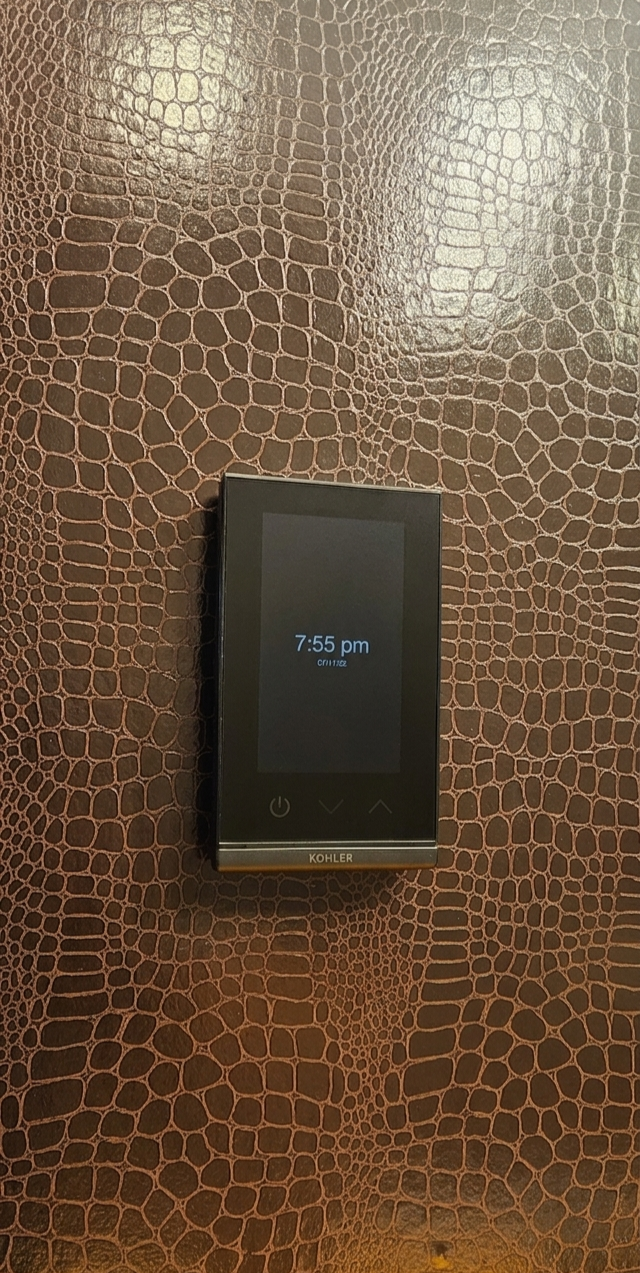 Kohler DTV+ touchscreen control interface mounted on a leather-textured wall displaying the time