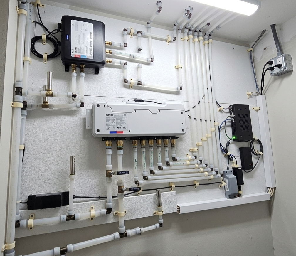Kohler DTV+ digital valve and manifold module mounted on a plumbing rough-in board with the thermostatic control box and PEX outlet lines