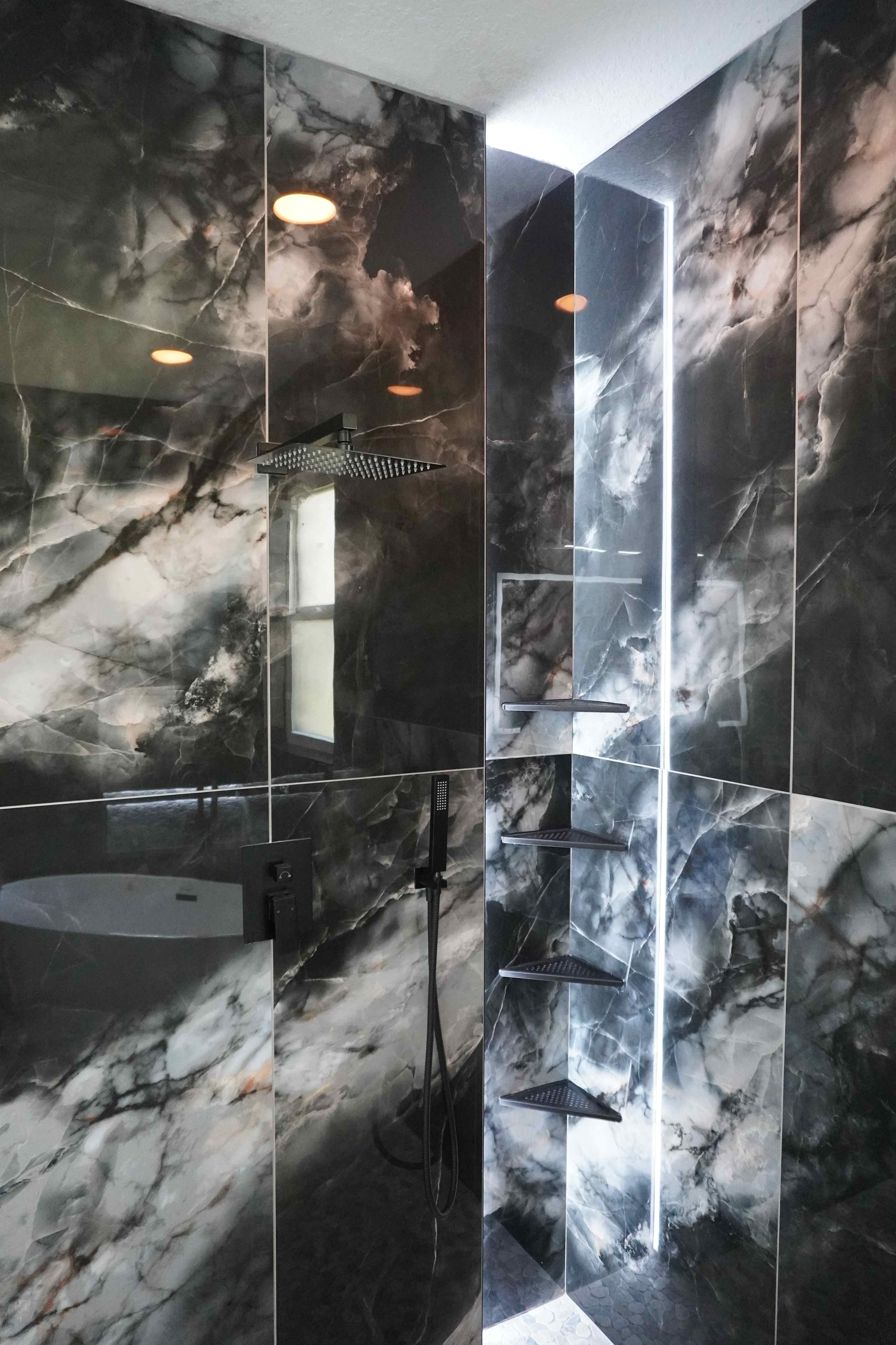 Dark Marble Wet Room - Bathroom tile project in Ruskin, FL